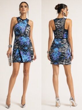 Parker Tobias Anthropologie Cyber Blue Abstract Faux Wrap Mini Dress Bodycon S